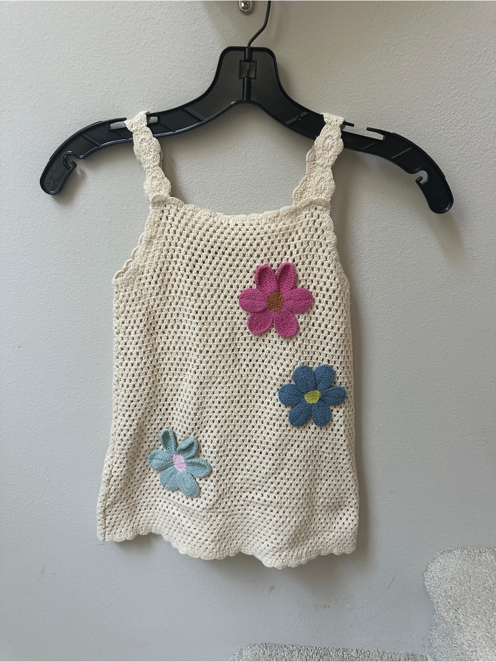 Zara Girls Cream Crochet Dress with Pink, Blue, and Teal Flower Appliqués Size 4